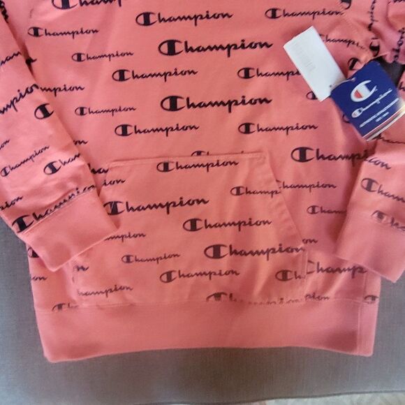 Champion Girl's Citrus Pink AOP Script Athleticwear Hoodie Sweatshirt Size Large - Picture 5 of 11